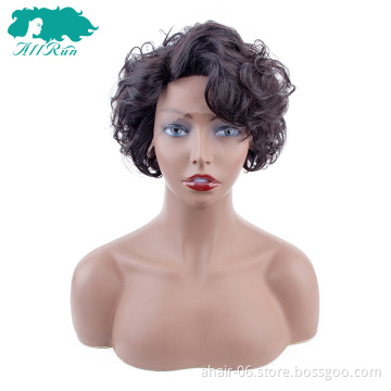 Allrun Top Grade Black Color Brazilian Hair Curly Wave Wigs Cheap Wholesale , Short Curly New Style Swiss Lace Frontal Wigs